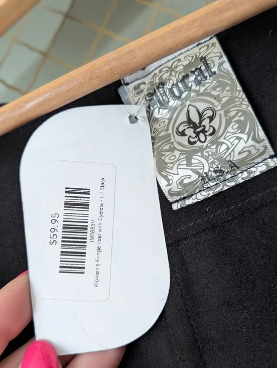 Lg Irvines Black Fringe Suede Women's Vest Eyelet Western Biker - Picture 2 of 6